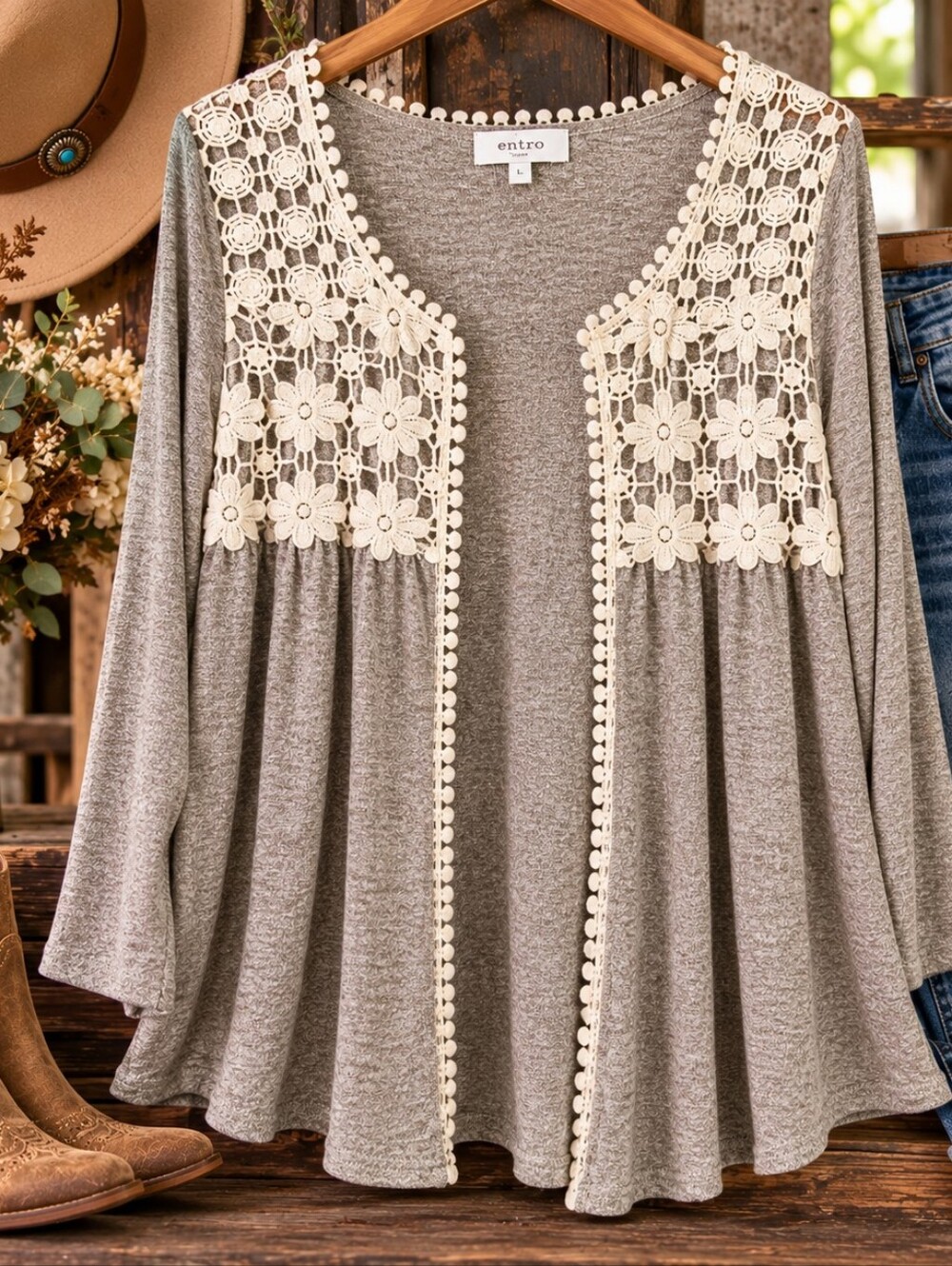 Entro Large Boho Crochet Lace Open Front Cardigan Taupe Floral Western Duster